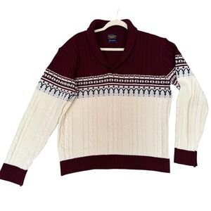 VTG JC Penny Men L Fair Isle Shawl Sweater Cream Cable Knit Nordic Grandpa Retro